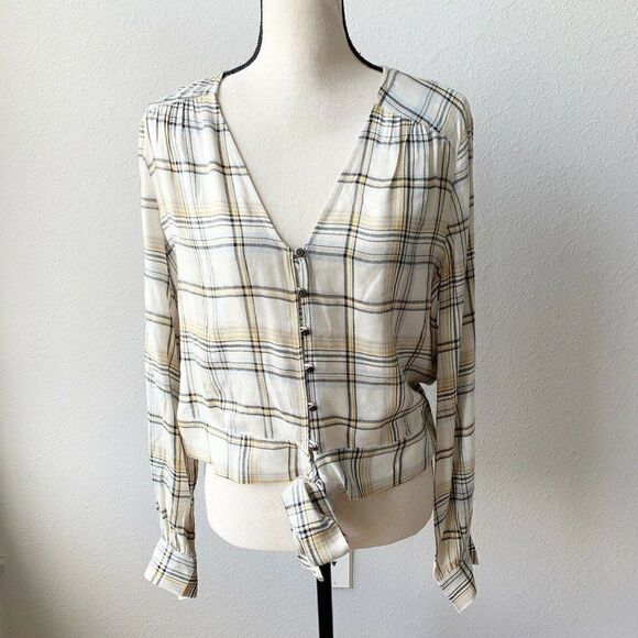 Paige Alynna Plaid Tie Front Shirt V-Neck Large - Picture 5 of 7